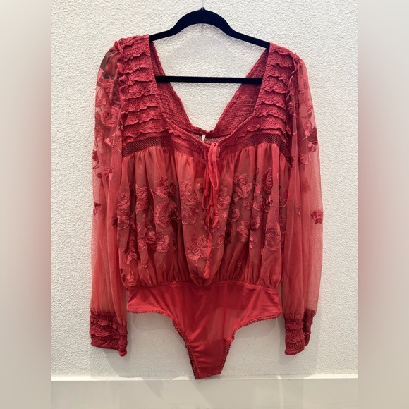 NWT Free People Sheer Meadows sheer, floral-embroidered bodysuit w/ V-neckline - Picture 3 of 11